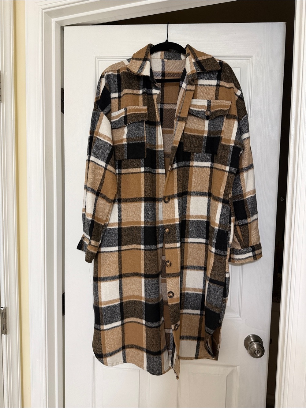 SHEIN Camel Black White Plaid Long Shacket